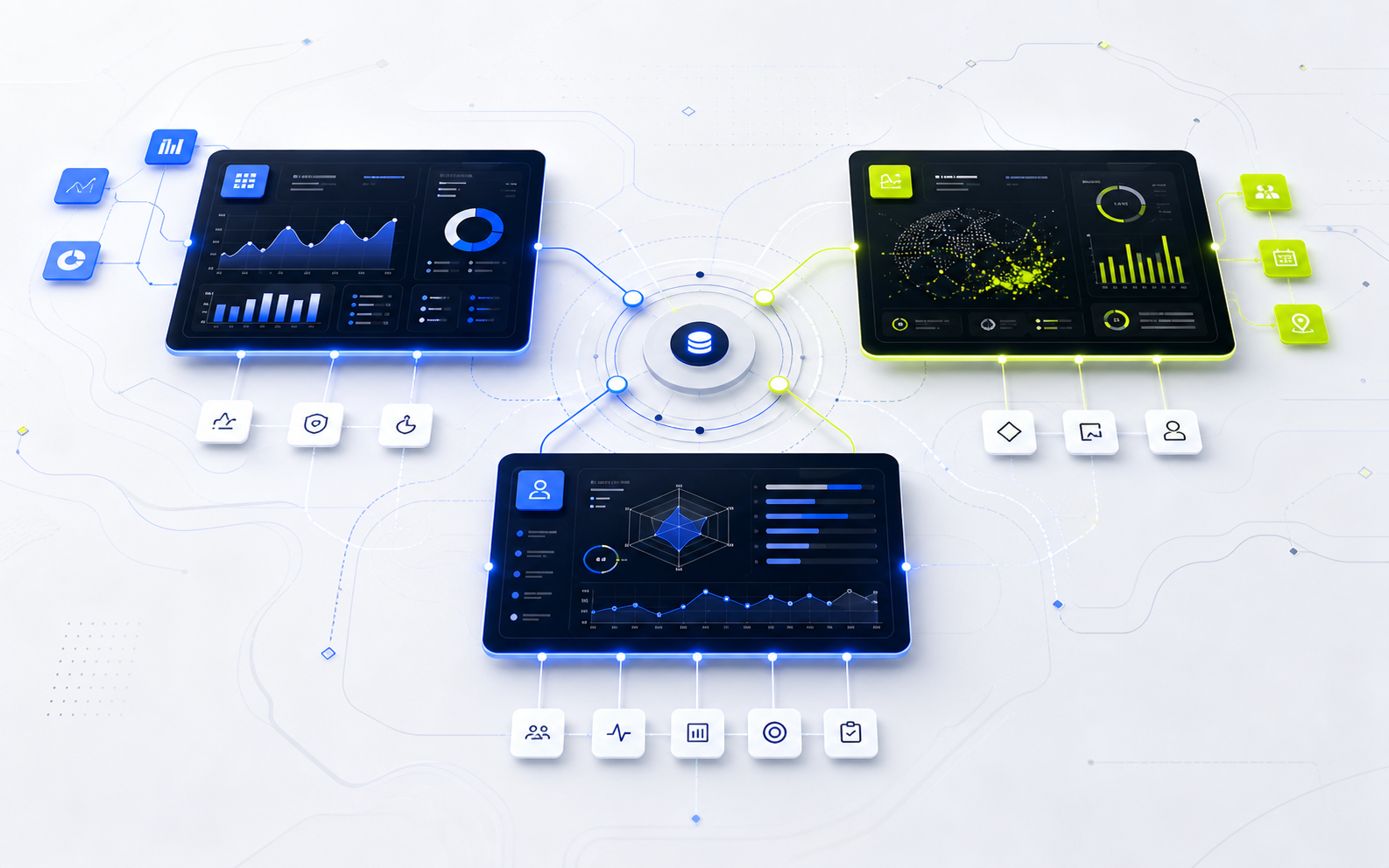 Connected intelligence map linking business reporting, event signals and performance systems